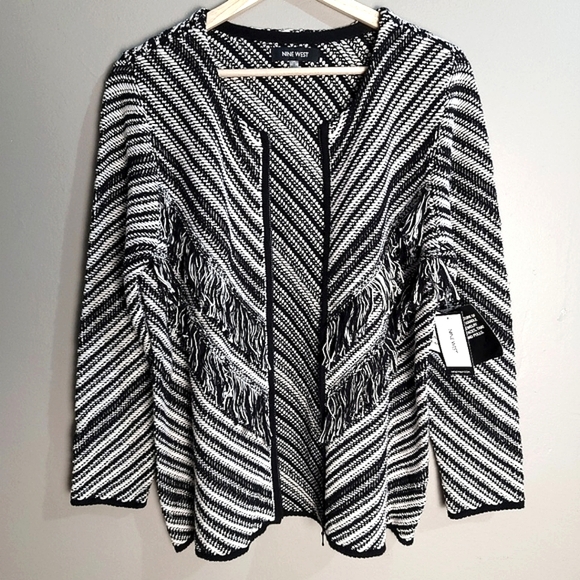Nine West NWT Classic Black & White Striped Knit Fringe Zip-Up Jacket SIZE SMALL - Picture 2 of 12